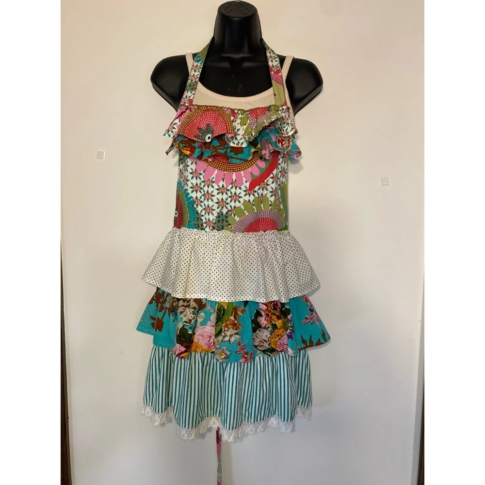 Funktion Mixed Print Ruffled Apron Floral Polka Dot Stripe Lace Trim Cotton